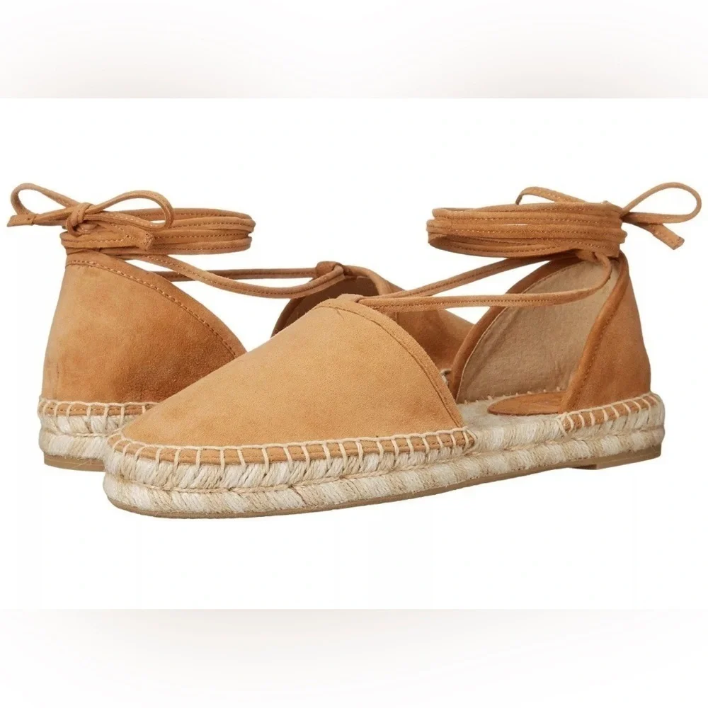 FRYE Women's Leo Two-Piece Espadrille Suede Flat Sandal Sand Tan Ankle Lace Boho